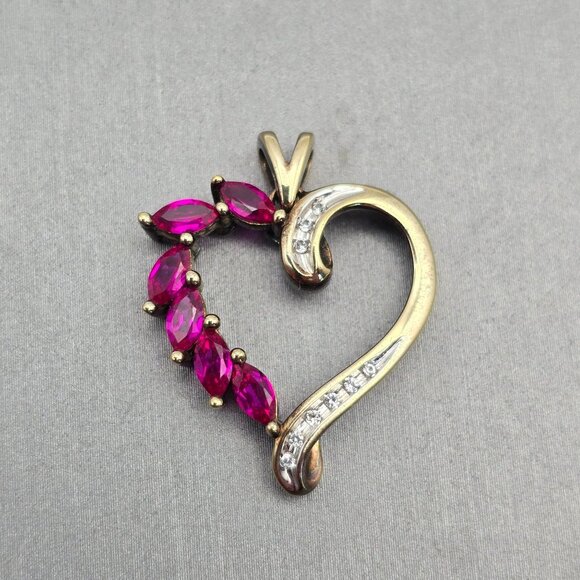 Italian Milor 925 Gold Pltd Heart Pendant 1" Pink Tourmaline & Quartz Gemstones - Picture 1 of 8